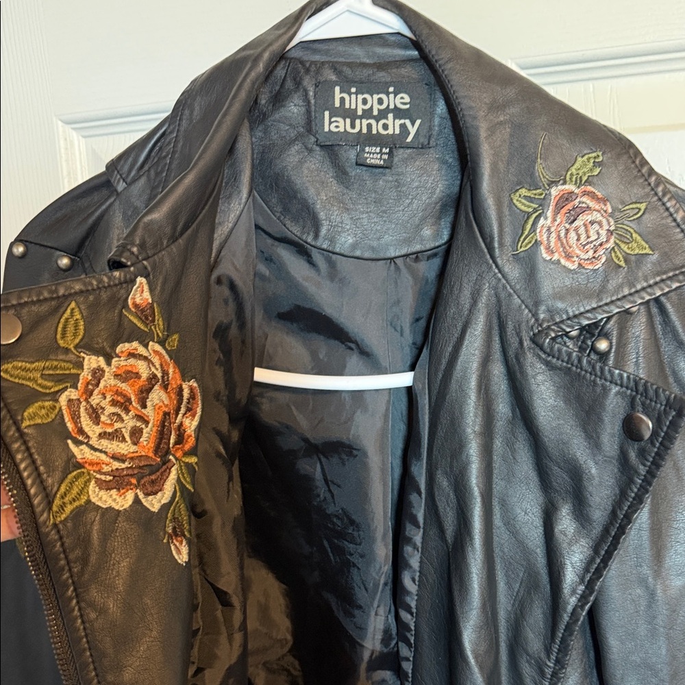 Hippie Laundry Black Leather Jacket with Floral Embroidery - Picture 3 of 7